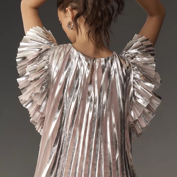 NWOT By Anthropologie Flutter-Sleeve Foil Pleated Top - Picture 3 of 9
